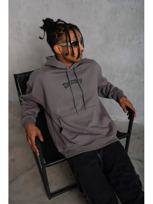 Lushiowear Erkek 3 İplik Pamuklu Kapüşonlu Kanguru Cepli Sweatshirt Hoodie -  Gri