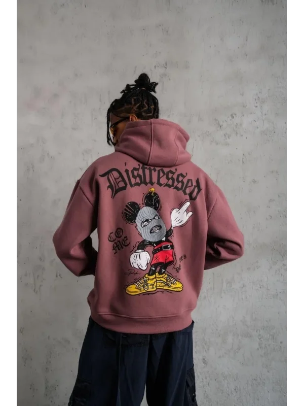 Lushiowear Erkek 3 İplik Pamuklu Kapüşonlu Kanguru Cepli Sweatshirt Hoodie - Gül Kurusu