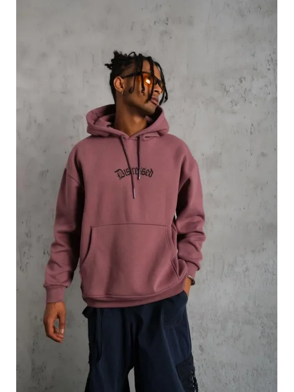 Lushiowear Erkek 3 İplik Pamuklu Kapüşonlu Kanguru Cepli Sweatshirt Hoodie - Gül Kurusu