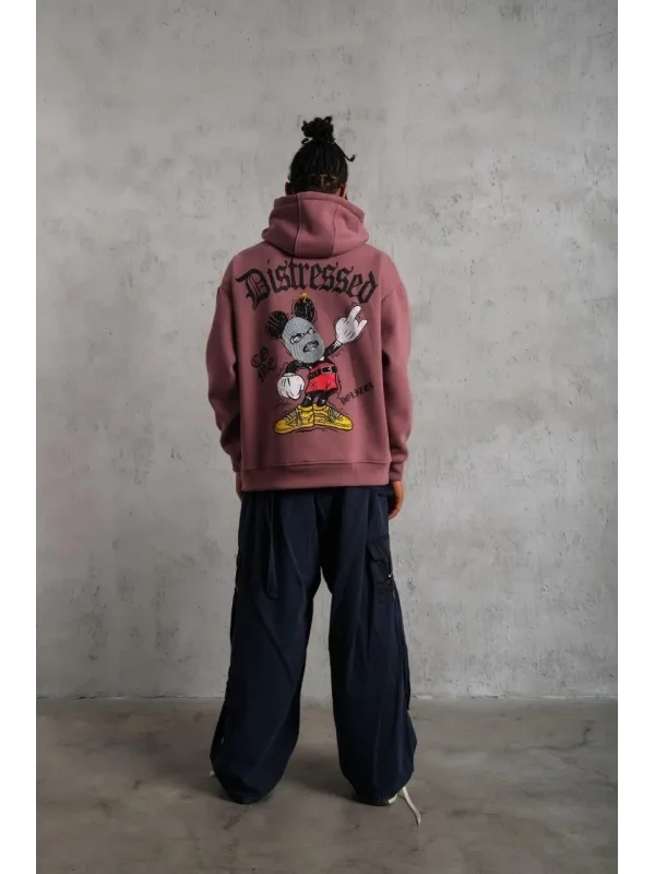 Lushiowear Erkek 3 İplik Pamuklu Kapüşonlu Kanguru Cepli Sweatshirt Hoodie - Gül Kurusu