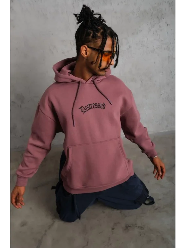 Lushiowear Erkek 3 İplik Pamuklu Kapüşonlu Kanguru Cepli Sweatshirt Hoodie - Gül Kurusu