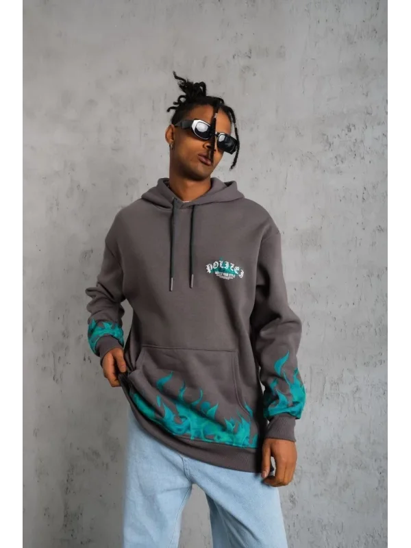 Lushiowear Erkek 3 iplik Pamuklu Alev Baskılı Kapüşonlu hoodie Sweatshirt - Gri