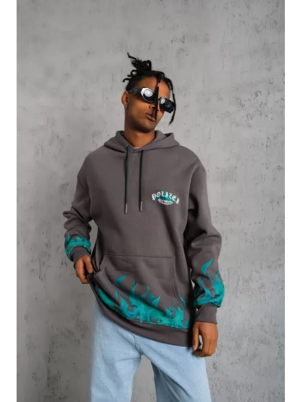 Erkek Üç İplik İçi Pamuklu Alev Baskılı Kapüşonlu Sweatshirt - Gri