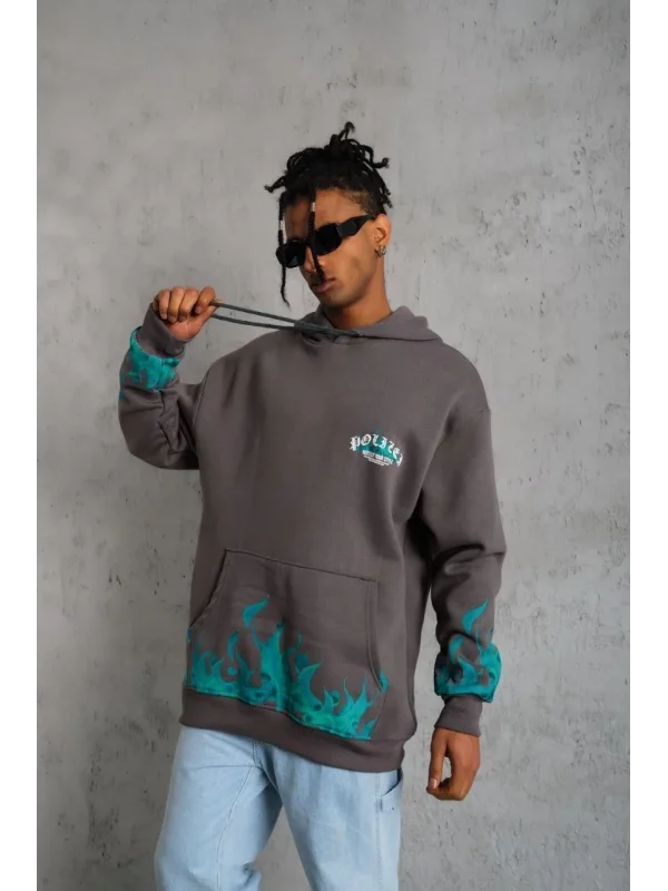 Lushiowear Erkek 3 iplik Pamuklu Alev Baskılı Kapüşonlu hoodie Sweatshirt - Gri