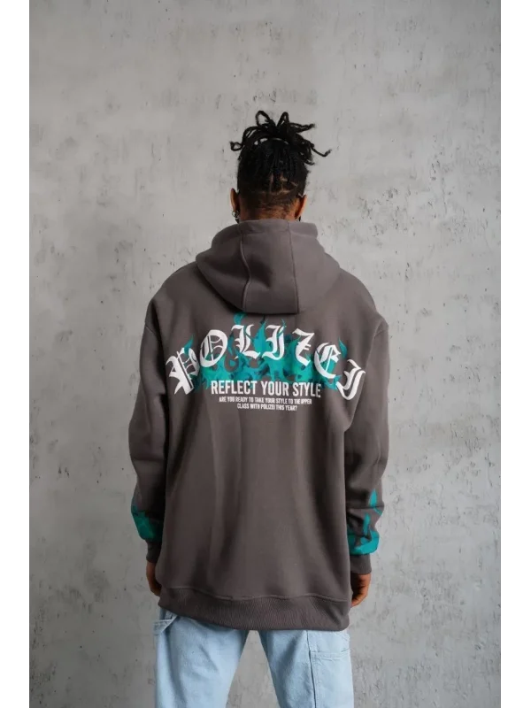 Lushiowear Erkek 3 iplik Pamuklu Alev Baskılı Kapüşonlu hoodie Sweatshirt - Gri
