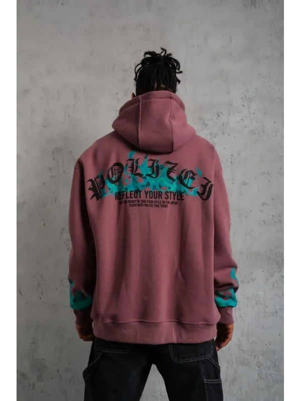 Lushiowear Erkek 3 İplik içi Pamuklu Alev Baskılı Kapüşonlu hoodie Sweatshirt - Gül Kurusu