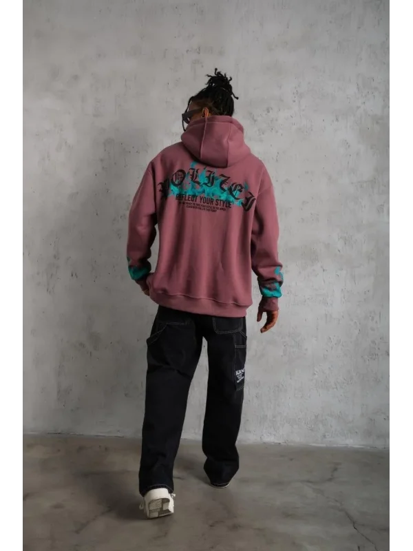 Lushiowear Erkek 3 İplik içi Pamuklu Alev Baskılı Kapüşonlu hoodie Sweatshirt - Gül Kurusu