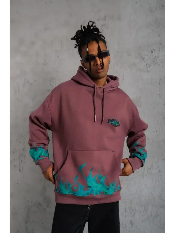 Lushiowear Erkek 3 İplik içi Pamuklu Alev Baskılı Kapüşonlu hoodie Sweatshirt - Gül Kurusu