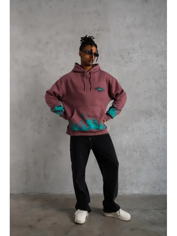 Lushiowear Erkek 3 İplik içi Pamuklu Alev Baskılı Kapüşonlu hoodie Sweatshirt - Gül Kurusu