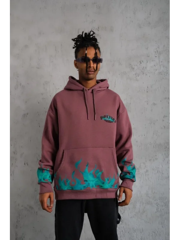Lushiowear Erkek 3 İplik içi Pamuklu Alev Baskılı Kapüşonlu hoodie Sweatshirt - Gül Kurusu