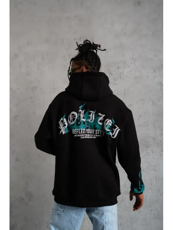 Lushiowear Erkek 3 İplik Pamuklu Alev Baskılı Kapüşonlu hoodie Sweatshirt - Siyah