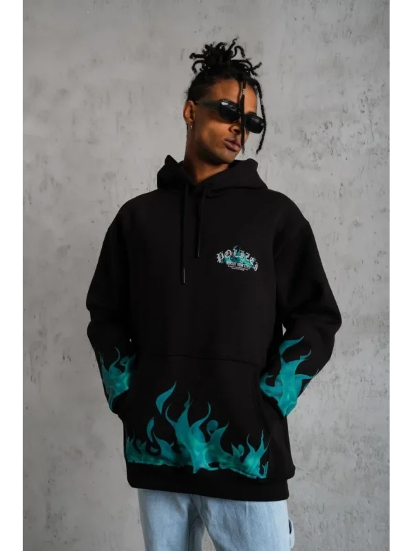 Lushiowear Erkek 3 İplik Pamuklu Alev Baskılı Kapüşonlu hoodie Sweatshirt - Siyah