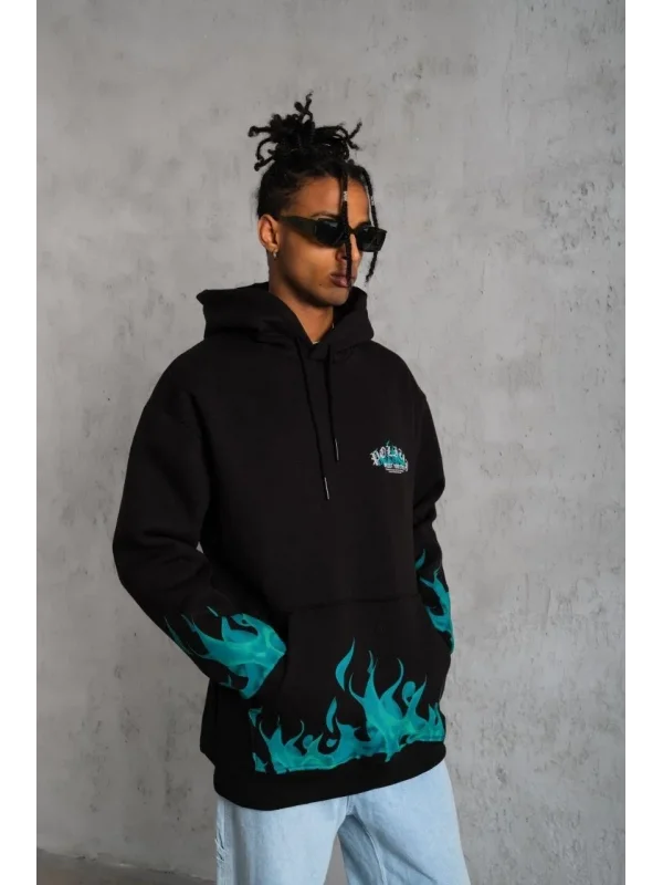 Lushiowear Erkek 3 İplik Pamuklu Alev Baskılı Kapüşonlu hoodie Sweatshirt - Siyah