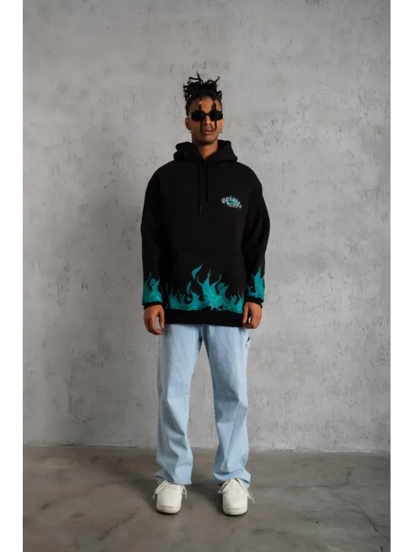 Lushiowear Erkek 3 İplik Pamuklu Alev Baskılı Kapüşonlu hoodie Sweatshirt - Siyah