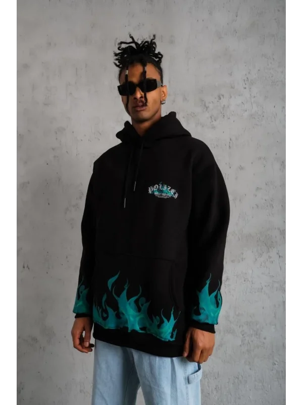 Lushiowear Erkek 3 İplik Pamuklu Alev Baskılı Kapüşonlu hoodie Sweatshirt - Siyah
