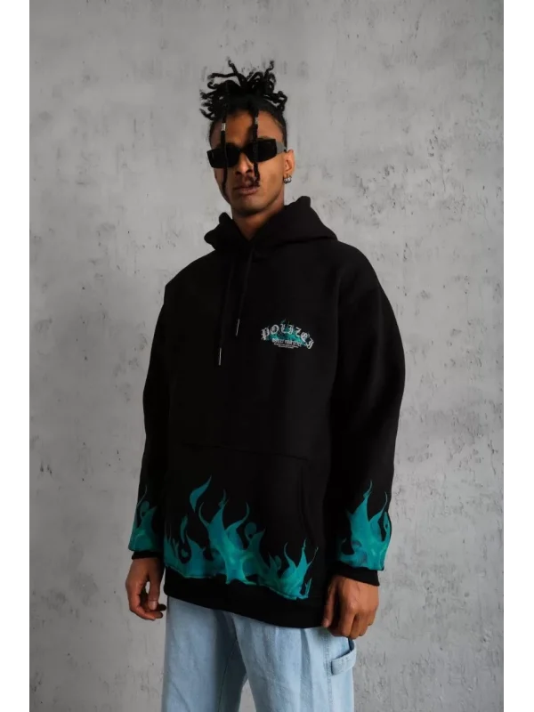 Erkek Üç İplik İçi Pamuklu Alev Baskılı Kapüşonlu Sweatshirt - Siyah