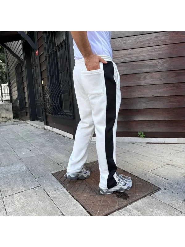 Erkek Üç İplik Kışlık Pamuklu Yandan Garneli Kalın Şeritli Cepli Eşofman Altı - Beyaz