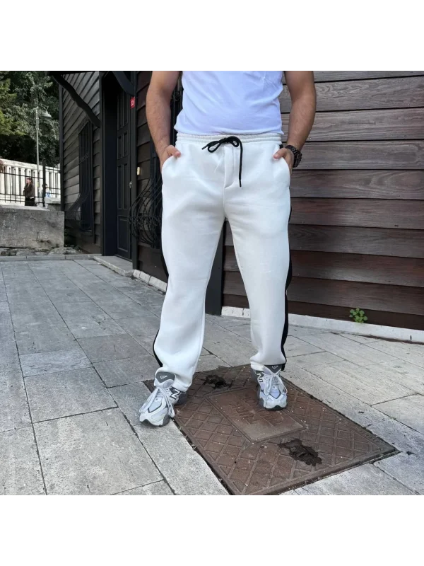 Erkek Üç İplik Kışlık Pamuklu Yandan Garneli Kalın Şeritli Cepli Eşofman Altı - Beyaz