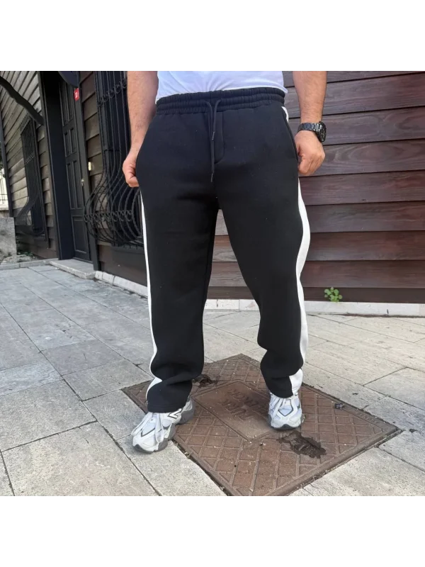 Erkek Üç İplik Kışlık Pamuklu Yandan Garneli Kalın Şeritli Cepli Eşofman Altı - Siyah