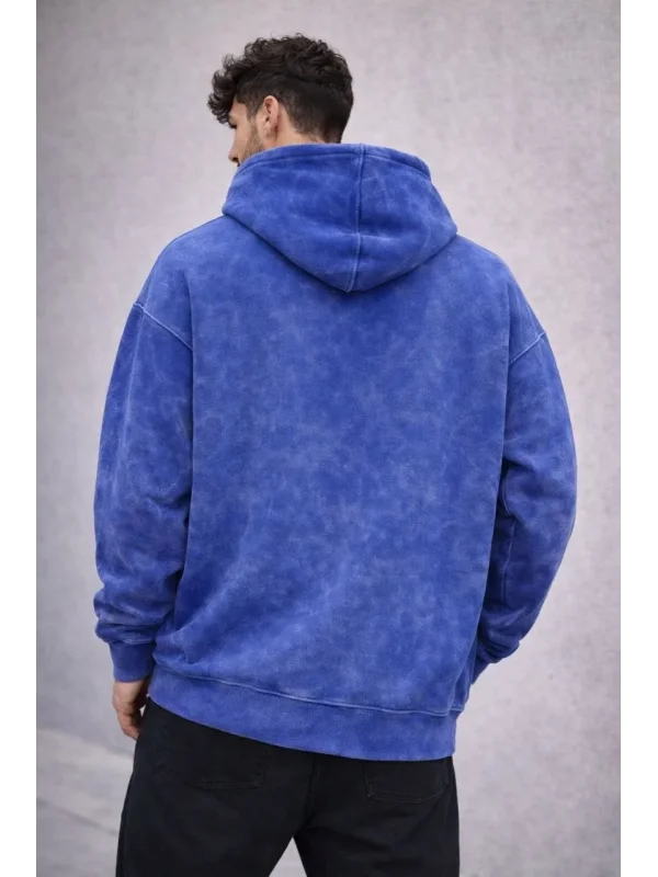 Erkek Yağ Yıkamalı Kapşonlu Double Oversize Üç İplik Pamuklu Sweatshirt - Mavi