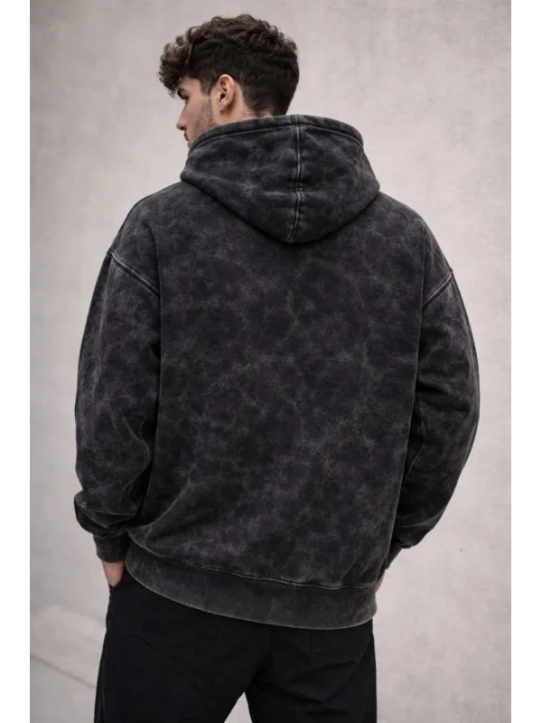 Erkek Yağ Yıkamalı Kapşonlu Double Oversize Üç İplik Pamuklu Sweatshirt - Siyah