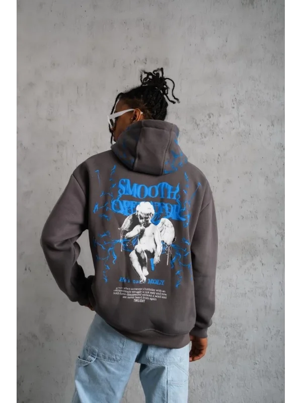 Erkek Yıldırım Baskılı Kapşonlu Sweatshirt - Gri