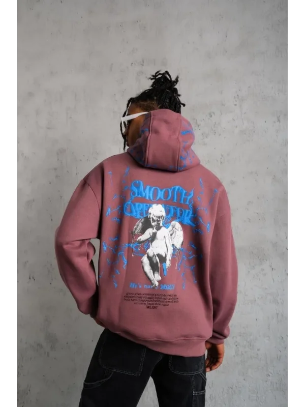 Lushiowear Erkek 3 İplik Pamuklu Kapüşonlu Baskılı Cepli Sweatshirt Hoodie - Gül Kurusu