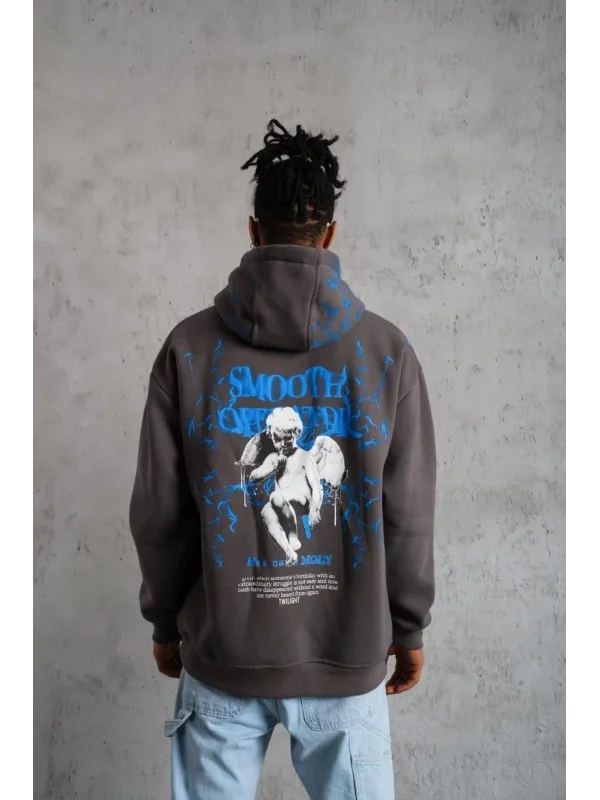 Lushiowear Erkek 3 İplik Pamuklu Kapüşonlu Baskılı Cepli Oversize Sweatshirt Hoodie - Gri