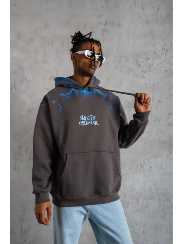 Lushiowear Erkek 3 İplik Pamuklu Kapüşonlu Baskılı Cepli Oversize Sweatshirt Hoodie - Gri