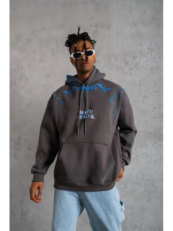 Lushiowear Erkek 3 İplik Pamuklu Kapüşonlu Baskılı Cepli Oversize Sweatshirt Hoodie - Gri