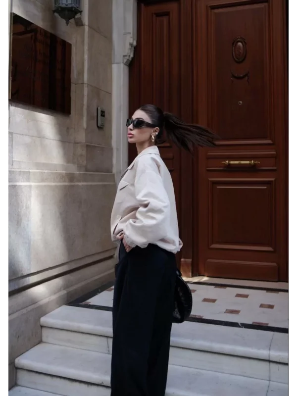 Fermuarlı Gömlek Yaka Bomber Ceket - Beyaz