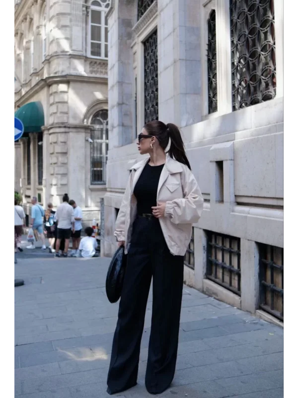 Fermuarlı Gömlek Yaka Bomber Ceket - Beyaz