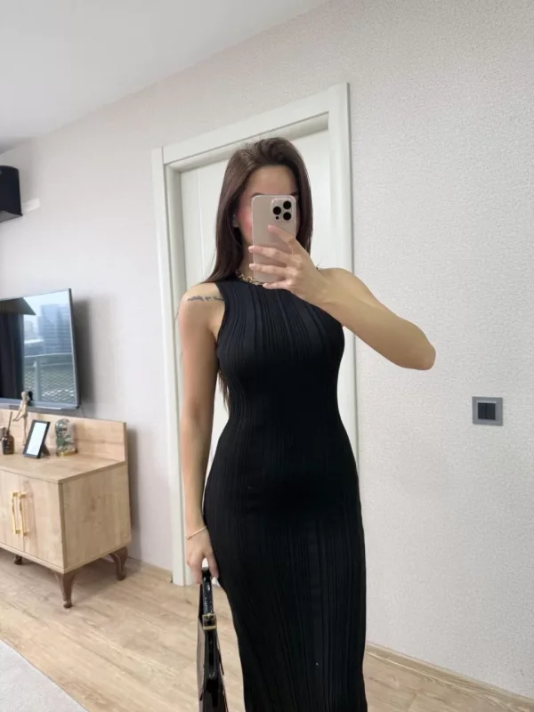 Fitilli Triko Elbise Kolsuz Sırtı Kapalı Maxi Uzun Boy - Siyah