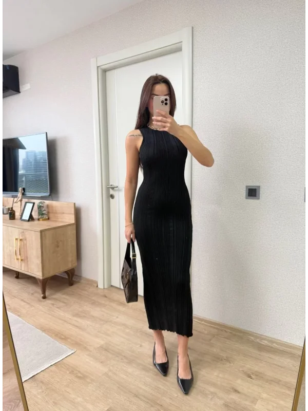 Fitilli Triko Elbise Kolsuz Sırtı Kapalı Maxi Uzun Boy - Siyah