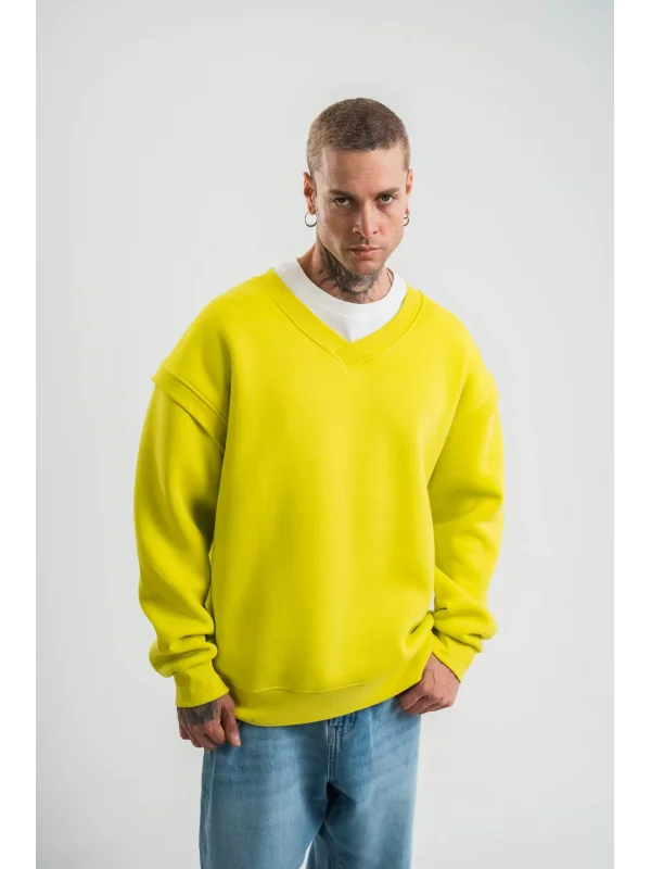 Geniş V yaka Kol Ribana Detaylı SweatShirt - Sarı