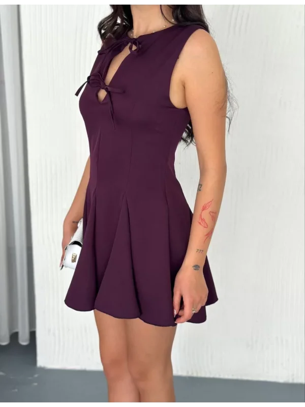 Göğüs Bağlamalı Kolsuz Mini Boy Elbise - Gül Kurusu