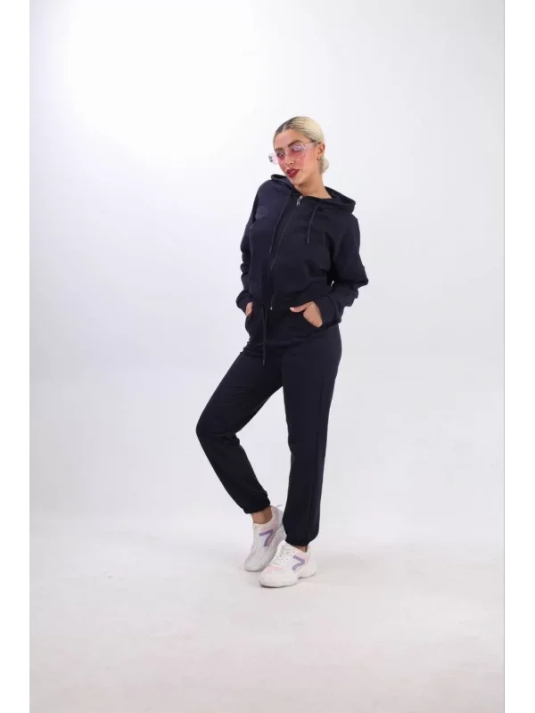 iki iplik Kapüşonlu Fermuarlı Crop Oversize Hırka Takım- Lacivert