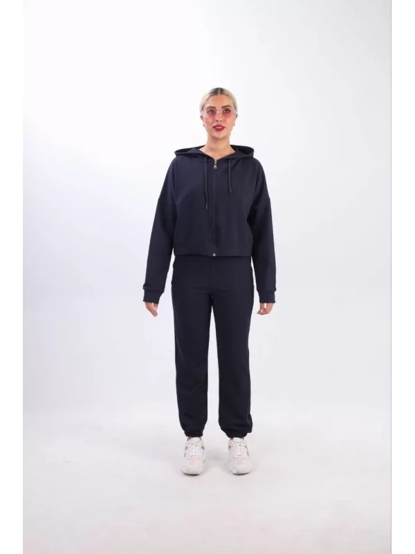 iki iplik Kapüşonlu Fermuarlı Crop Oversize Hırka Takım- Lacivert