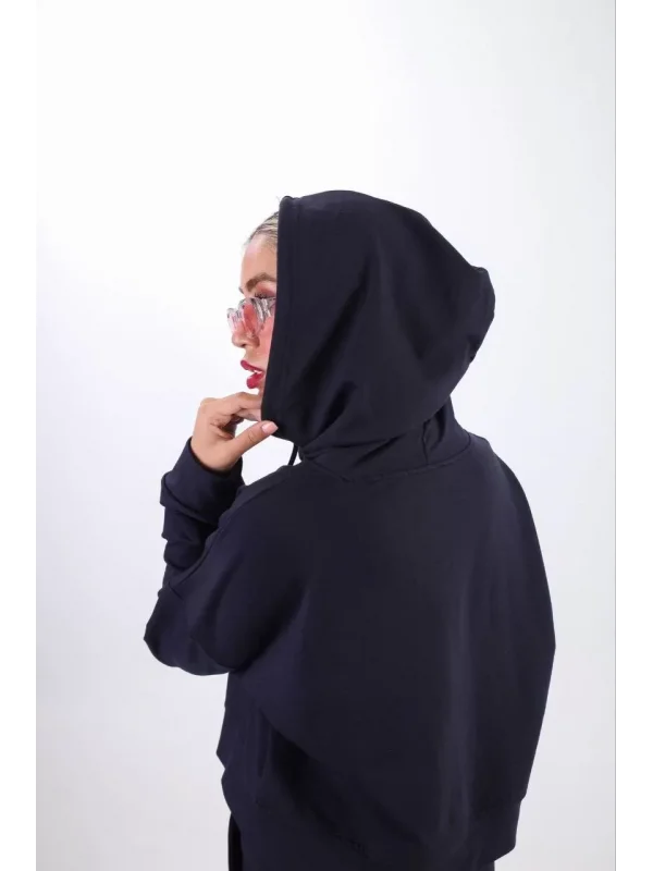 iki iplik Kapüşonlu Fermuarlı Crop Oversize Hırka Takım- Lacivert