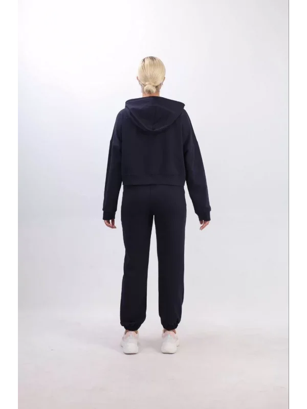 iki iplik Kapüşonlu Fermuarlı Crop Oversize Hırka Takım- Lacivert