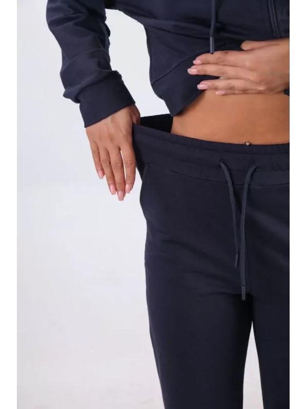 iki iplik Kapüşonlu Fermuarlı Crop Oversize Hırka Takım- Lacivert