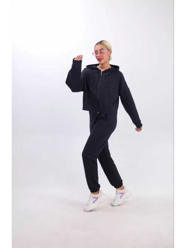 iki iplik Kapüşonlu Fermuarlı Crop Oversize Hırka Takım- Lacivert