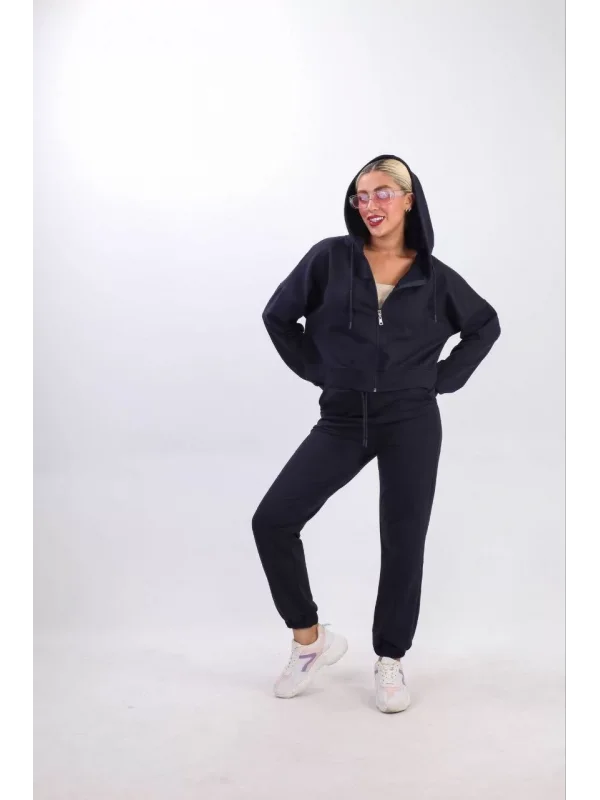 iki iplik Kapüşonlu Fermuarlı Crop Oversize Hırka Takım- Lacivert