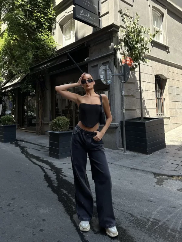 Kadın Arkadan Yırtmaçlı Jeans Kot Palazzo Pantolon - Siyah