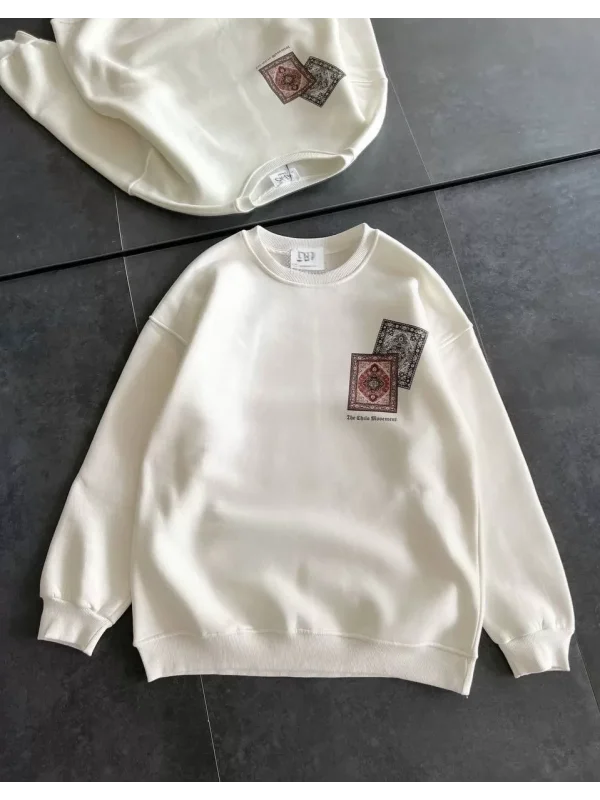 Kadın Bisiklet Yaka Baskılı SweatShirt - Beyaz