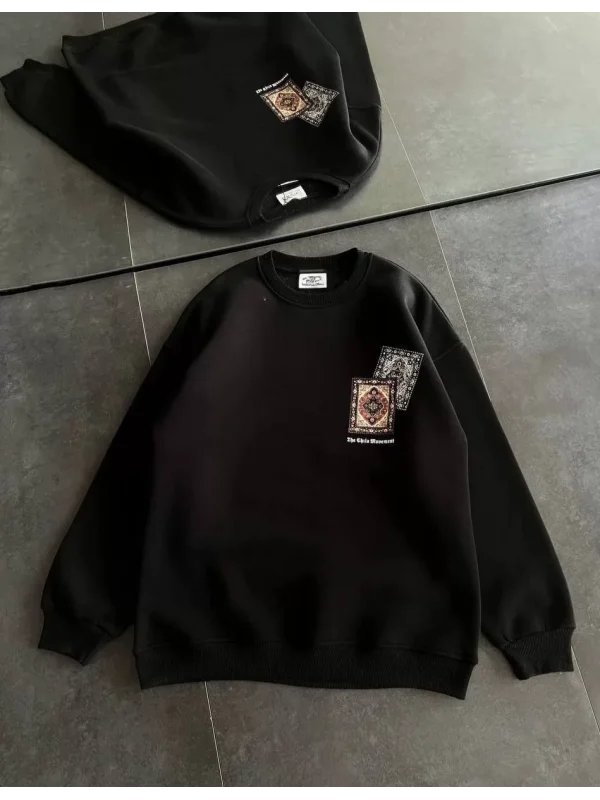 Kadın Bisiklet Yaka Baskılı SweatShirt - Siyah