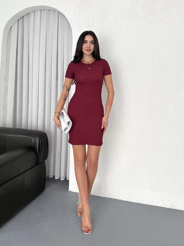 Kadın Bisiklet Yaka Kısa Kol Likralı Elbise - Bordo