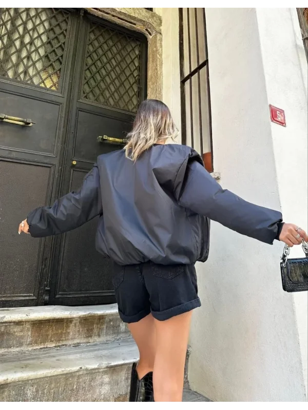 Lushiowear Kadın Oversize Bomber Ceket – Siyah, Fermuarlı, Sokak Modası Tarzı Mont - Siyah