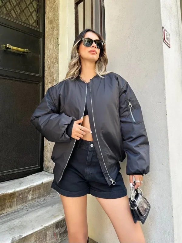 Lushiowear Kadın Oversize Bomber Ceket – Siyah, Fermuarlı, Sokak Modası Tarzı Mont - Siyah