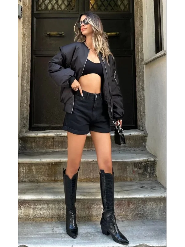 Lushiowear Kadın Oversize Bomber Ceket – Siyah, Fermuarlı, Sokak Modası Tarzı Mont - Siyah